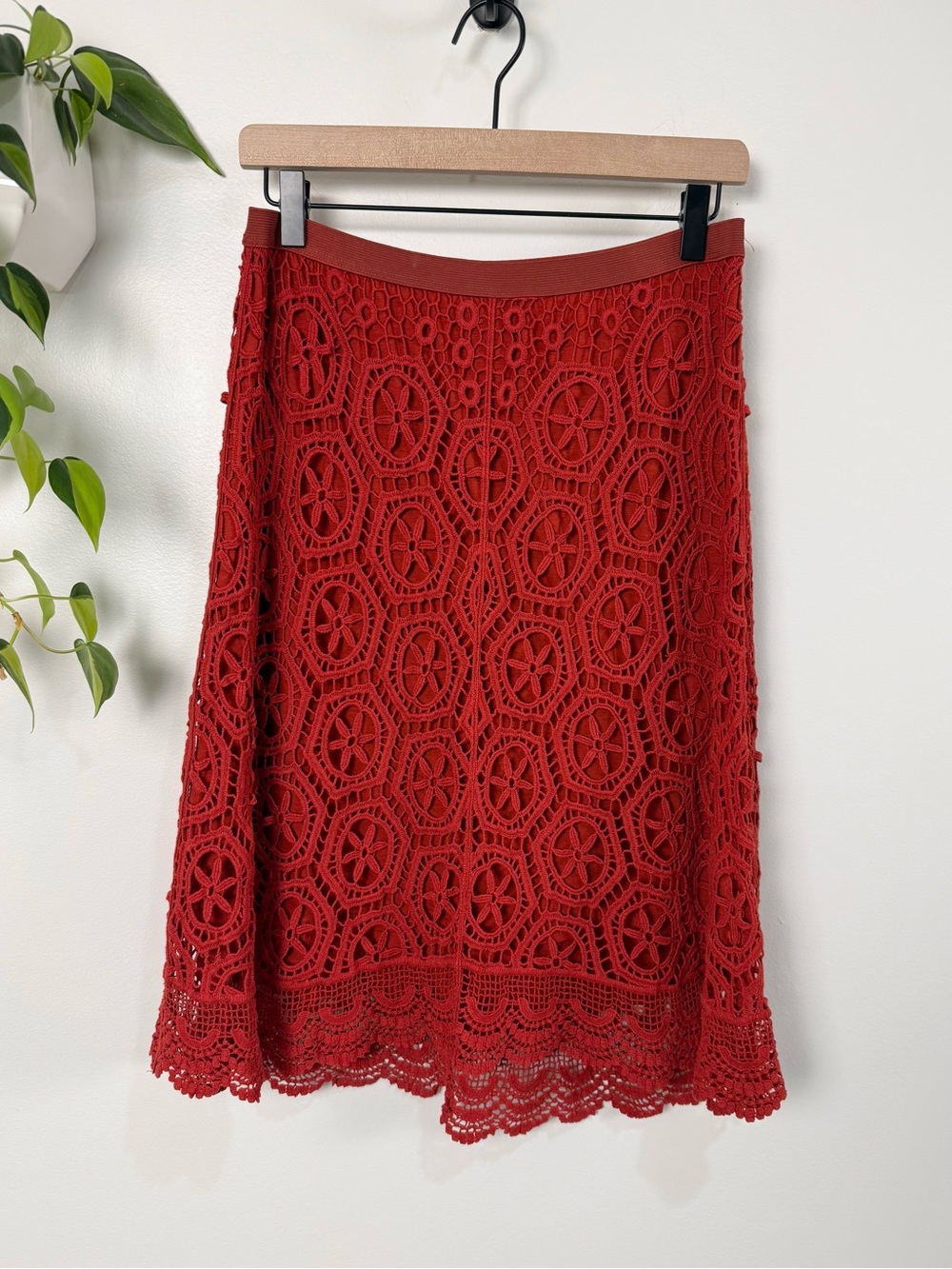 Ella Moss Anthropologie Crochet A-Line Skirt Brick Red Size M Lined Boho Pull On